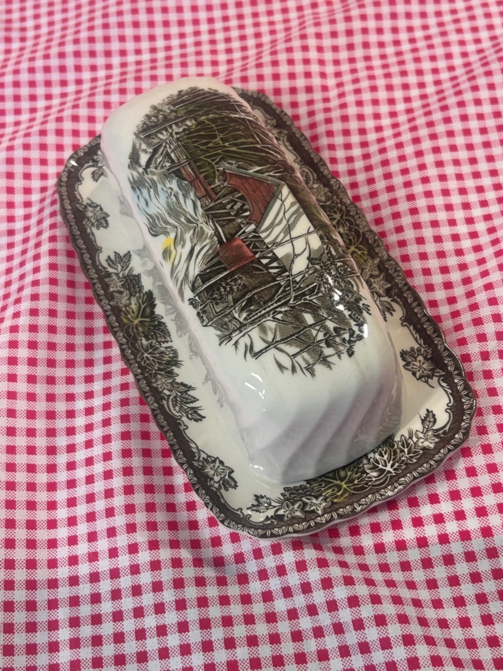 Friendly Village Covered Butter Dish The Covered Bridge Johnson Brothers